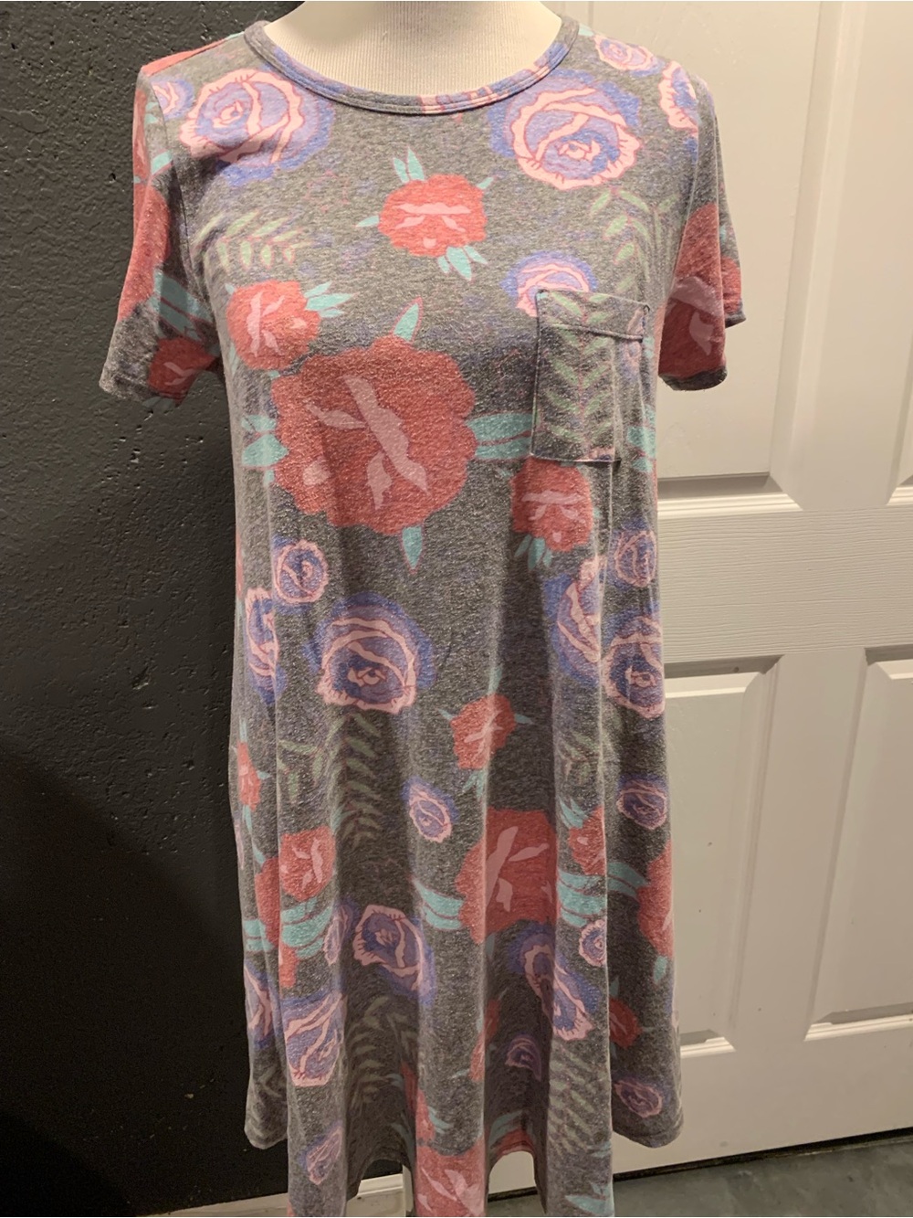 LuLaRoe Gray Midi Dress with Pink & Purple Floral Accents